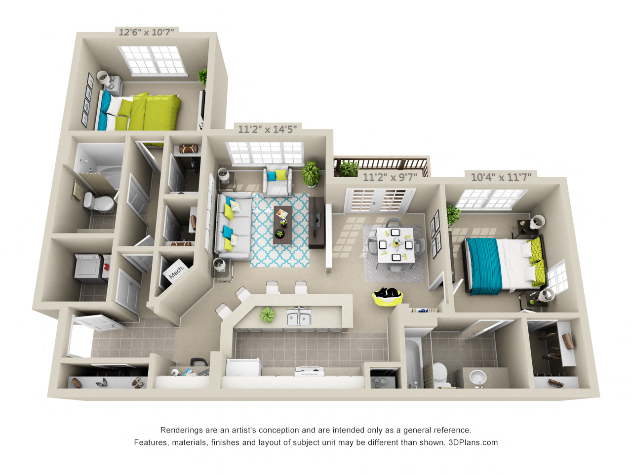Floor plan for 2 beds, 2 baths, 1177 sqft